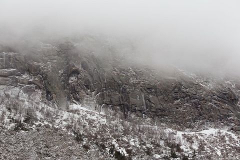 Fog-shrouding granite cliff looming over snow-dusted scree with sparse winter shrubs
