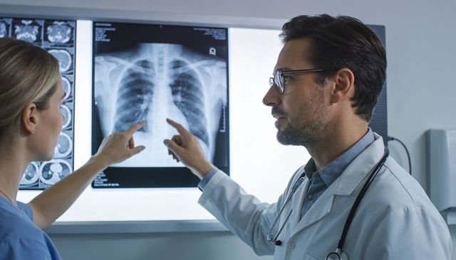 Doctors examining chest x-ray on lightbox, discussing diagnosis and treatment planning