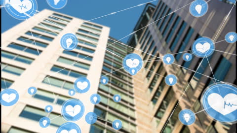 Digital Health Network on Business Skyscrapers Background