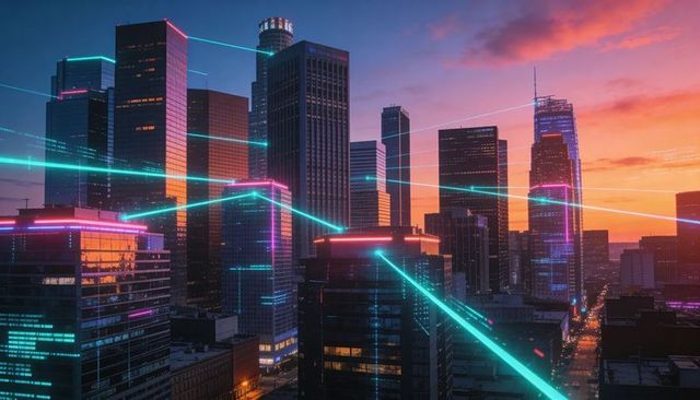 Glowing neon cyberpunk skyline reflecting turquoise and magenta light beams at sunset
