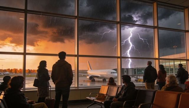 Passengers watching lightning striking plane through airport terminal windows at sunset