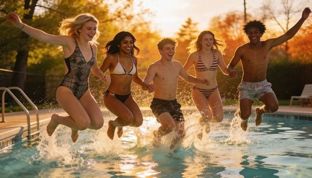 Five teens jumping into backyard pool at sunset creating energetic splash and laughter
