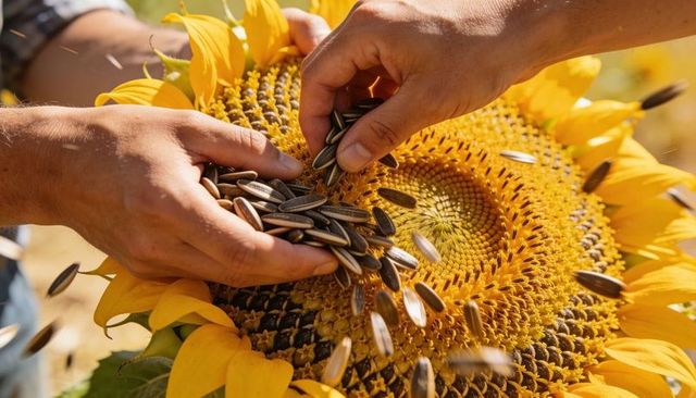 Hands harvesting sunflower seeds from large sunflower head during golden hour