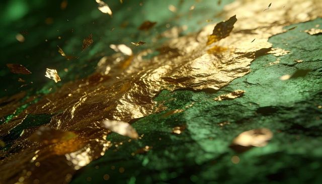 Shimmering gold leaf flaking across textured emerald surface with scattered flakes