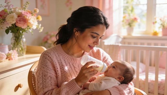 Mother feeding newborn with bottle in sunlit pastel nursery tender caring moment