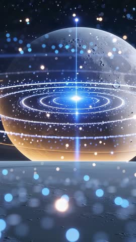 Vertical sci-fi holographic sphere with pulsing rings and scanning beam over moon