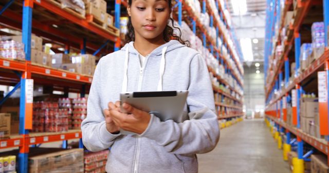 A young African American woman possibly managing inventory walks through a warehouse. - Download Free Stock Photos Pikwizard.com