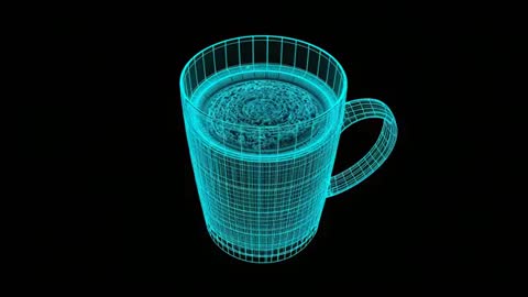 Looping 3D wireframe mug rotating and tilting with swirling cyan liquid in black void