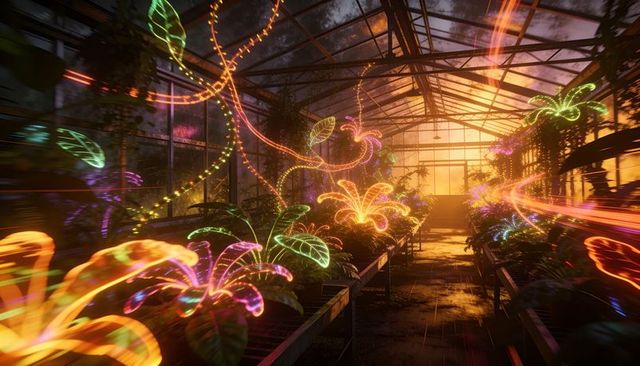 Neon bioluminescent plants illuminating glass greenhouse interior at golden sunset