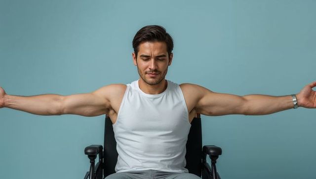 Confident man in wheelchair stretching arms for balance and independence