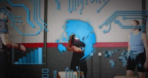 Futuristic gym training with woman adjusting workout amid blue digital globe and data