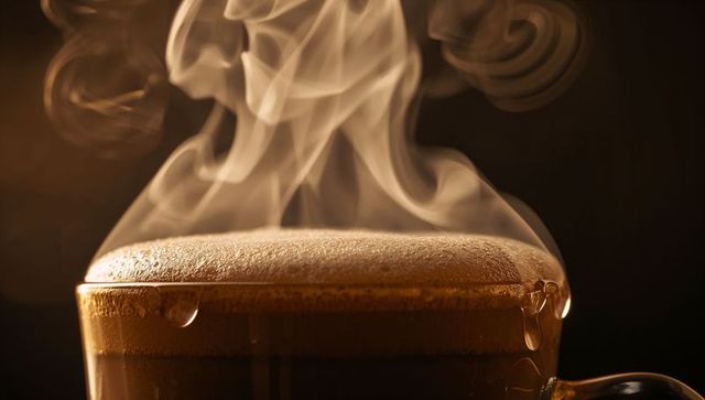 Steaming espresso cup closeup with thick crema and curling vapor in warm studio lighting