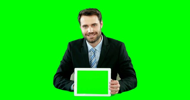Confident male businessman in a suit holding a digital tablet in front of a green screen background. Suitable for business presentations, marketing materials, and tech-based content where the screen can be customized.