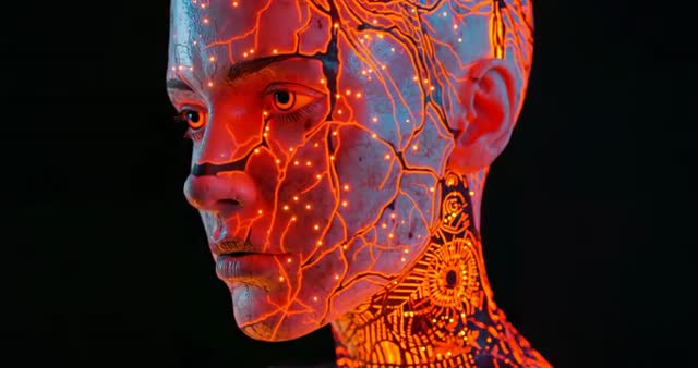Cybernetic Figure Glowing with Dynamic Red Circuits