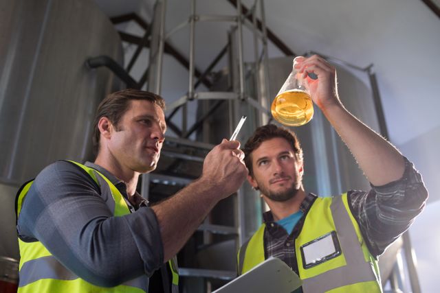 Low angle view of coworkers examining beer in beaker at warehouse