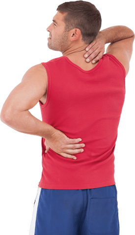 Athletic male stretching with back pain, transparent background