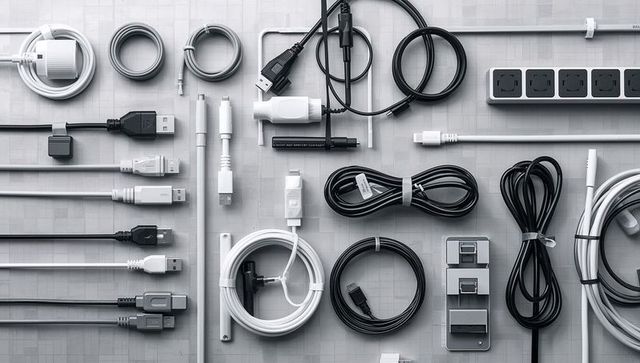 Monochrome flat lay of coiled charging cables and usb cords with power strip
