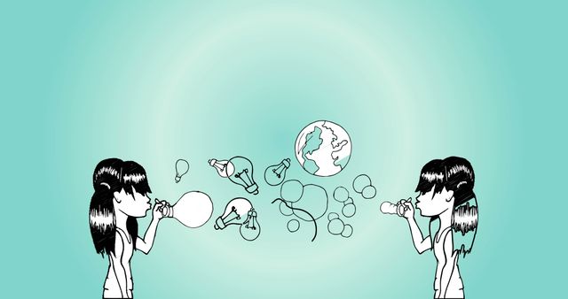 Girls Blowing Light Bulb and Earth Balloons on Blue Background - Download Free Stock Images Pikwizard.com