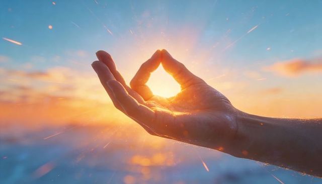 Hand framing sun over ocean, capturing golden sunset glow and radiant lens flare