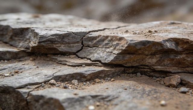 Layered sedimentary rock slabs revealing central fissure and weathered strata close-up