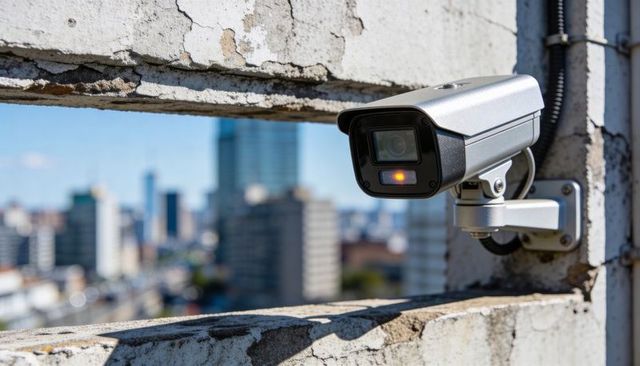 Rooftop surveillance camera monitoring urban skyline from weathered concrete parapet with led light