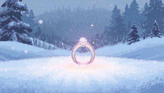 Glowing solitaire diamond ring resting on snowy field at twilight pixel art winter romance