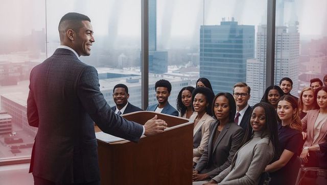 Confident presenter addressing diverse audience in modern meeting room