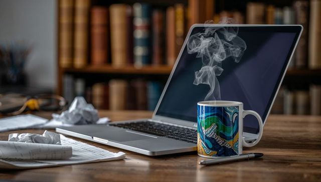 Steaming ceramic mug next to laptop on wooden desk with bookshelf and papers for focus
