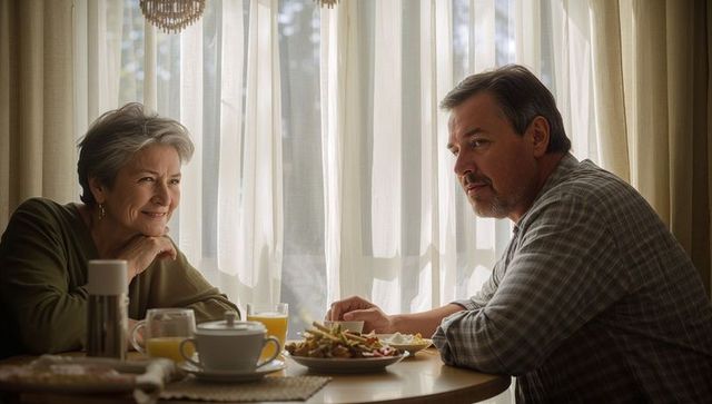 Couple sharing sunlit breakfast in cozy kitchen nook, senior woman and man talking together