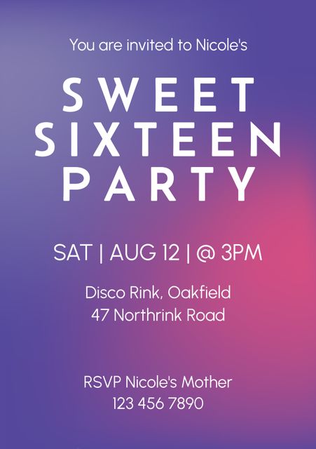 This invitation showcases a vibrant sweet sixteen birthday party invite with a stylish purple background. The details include date, time, and location, making it perfect for those looking to personalize their special event invitations. Ideal for social media posts, event planning websites, and themed birthday celebrations.