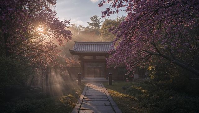 Sunlit zen garden path leading to traditional japanese gate amid cherry blossoms at dawn