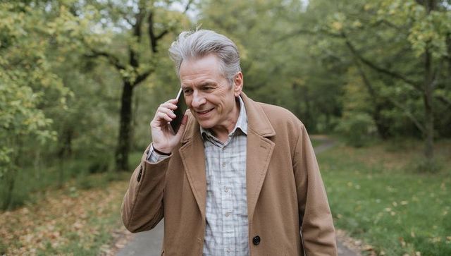 Senior man walking in park talking on smartphone during autumn walk wearing brown coat