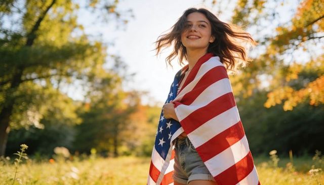 Young woman draping american flag in sunlit meadow celebrating freedom and summer