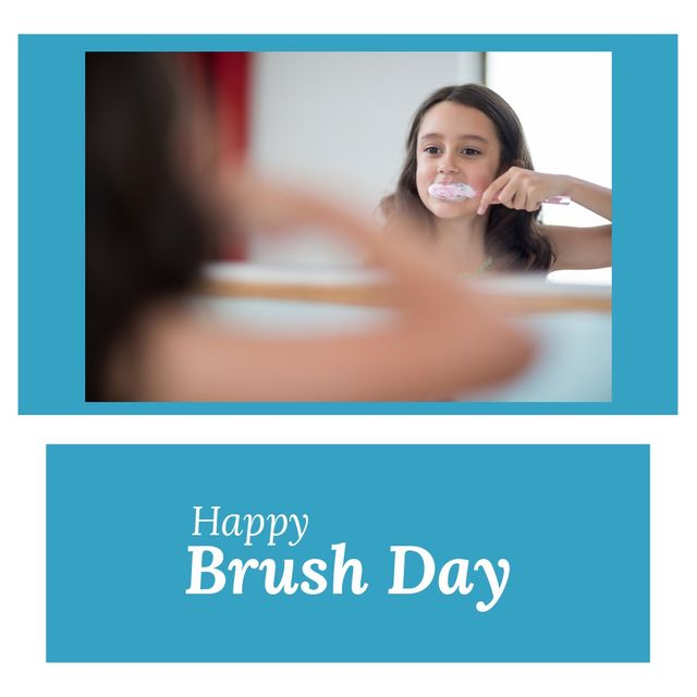Caucasian girl brushing teeth while looking in mirror in bathroom and happy brush day day. Copy space, reflection, support, oral health, childhood, dental health, hygiene, protection.
