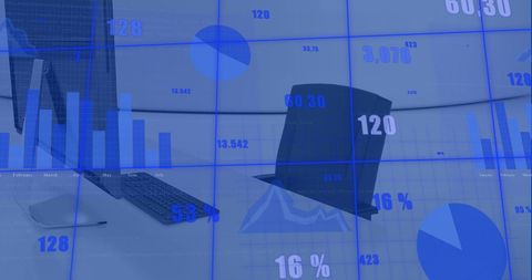 Digital data overlay on modern office desk concept
