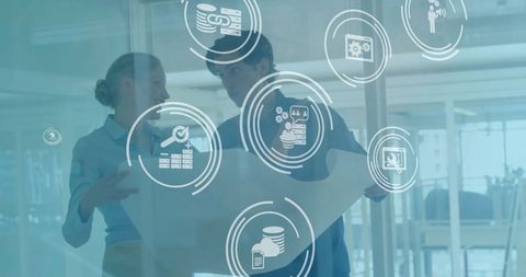 Business Team Analyzing Data with Futuristic Interface in Office