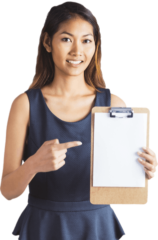 Smiling businesswoman presenting blank clipboard background
