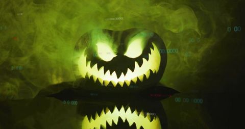 Glowing Jack-o'-Lantern Casting Green Fog and Reflection with Digital Glitch Accents