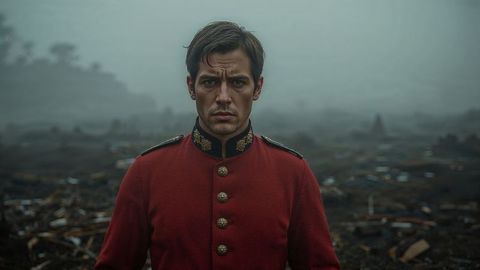 Valiant british empire military officer in red uniform amidst misty battlefield