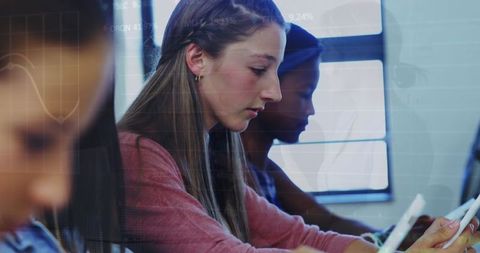 Diverse Students Using Tablets for Digital Learning at School