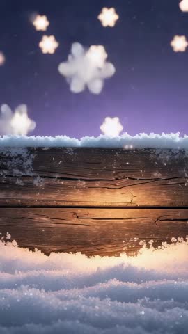 Drifting snowflakes over glowing snowdusted wooden plank vertical winter loop