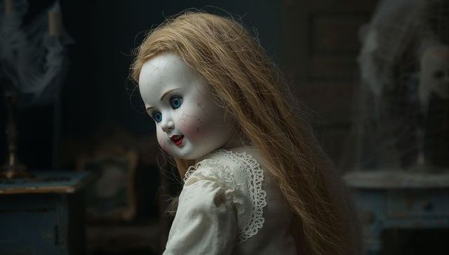 Eerie vintage porcelain doll in cobweb-filled attic