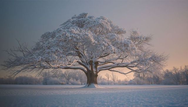 Majestic Snow-Covered Tree in Serene Winter Landscape