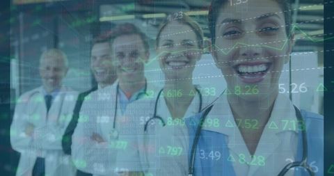 Diverse Doctors Smiling with Digital Data Overlay on Global Medicine