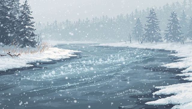 Flowing snowy river through pine forest, falling snow and misty winter landscape