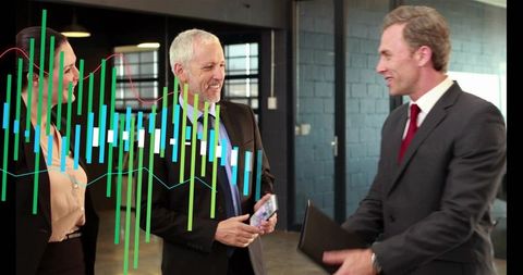 Executives Collaborating Around Augmented Reality Financial Charts in Modern Open Office