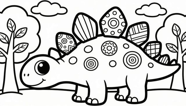 Smiling cartoon stegosaurus coloring page for kids with patterned plates and nature scene