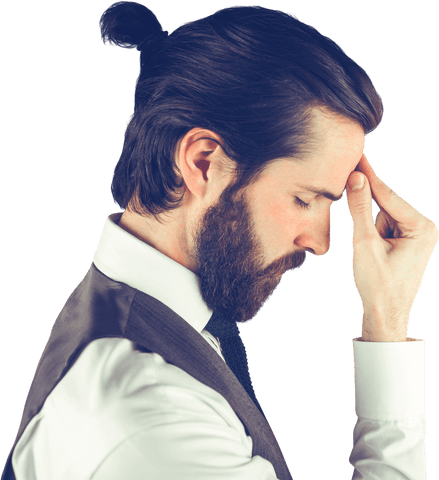 Businessperson depicted in moment of stress captures corporate life's challenges. Perfect for presentations on workplace stress, mental health, or decision-making processes in professional settings. Image works well in articles, blog posts, and website banners about work-related stress and management tips.