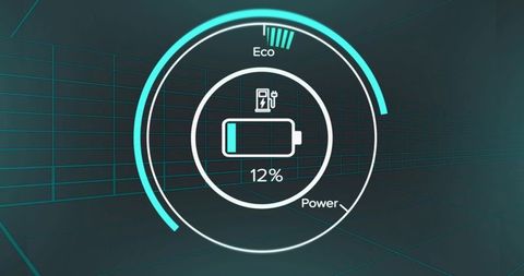 Futuristic 3d energy gauge displaying low battery 12% with neon cyan hud rings