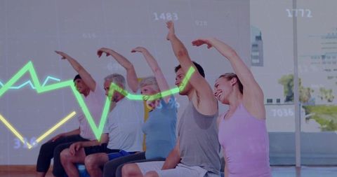 Multigenerational group stretching on chairs and exercise balls with neon graph overlay